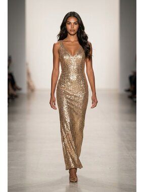 Crystal Doll Gold Sequin Sleeveless Gown With V-Neckline And Back Zipper Closure